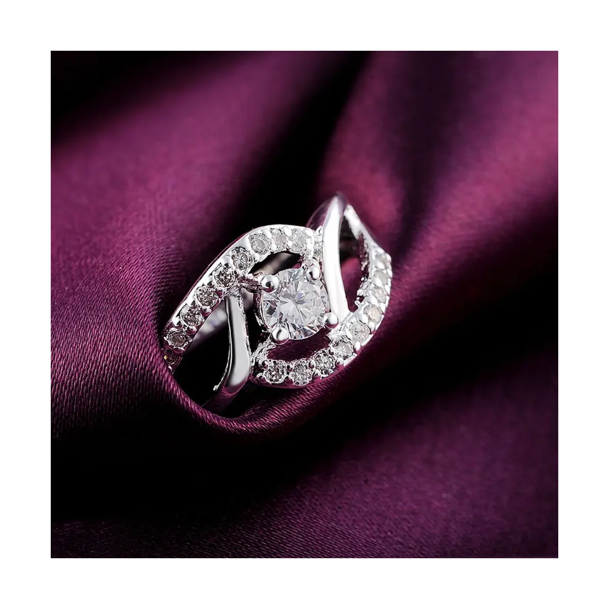 Curved Swirl Bypass Crystal Solitaire Silver-Tone Ring
