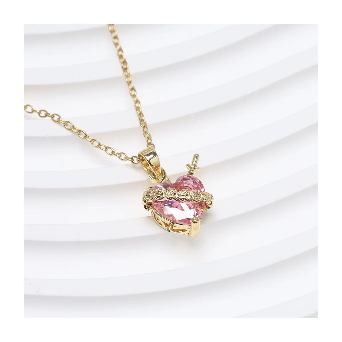 Retro Sacred Heart & Sword Crystal Pendant Necklace
