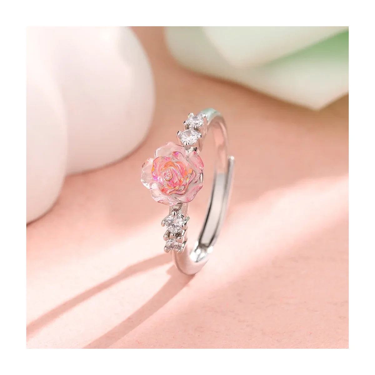 Pink Rose Flower Adjustable Zircon Ring