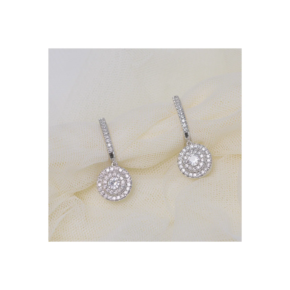 Round Double Halo Crystal Drop Leverback Silver-Tone Earrings
