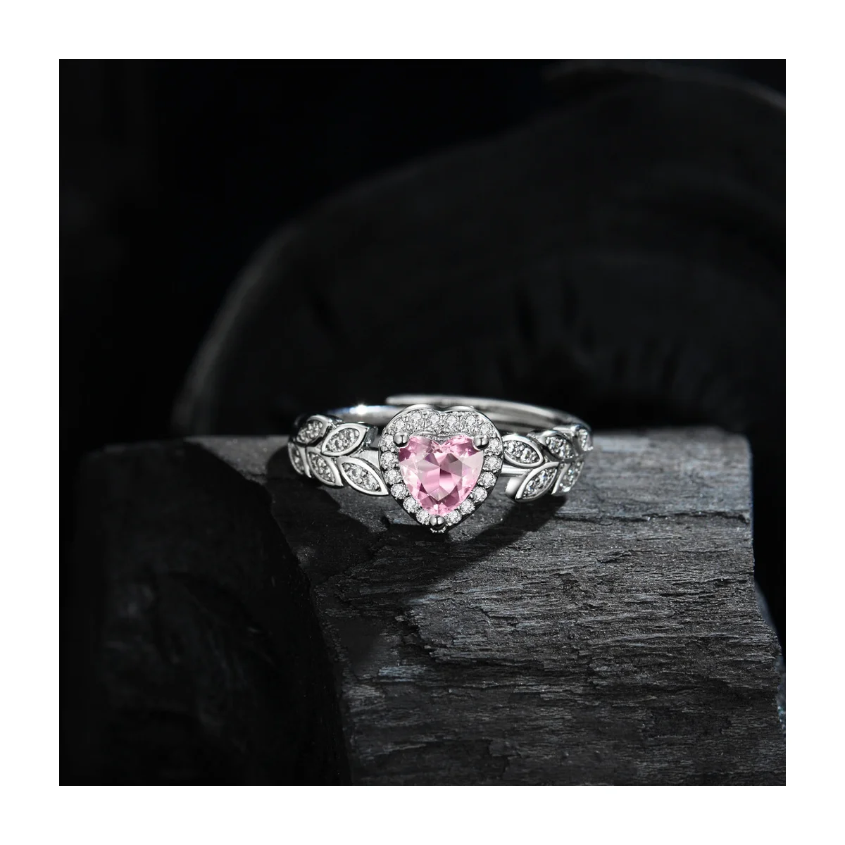 Women's Pink Heart Zircon Leaf Adjustable Ring