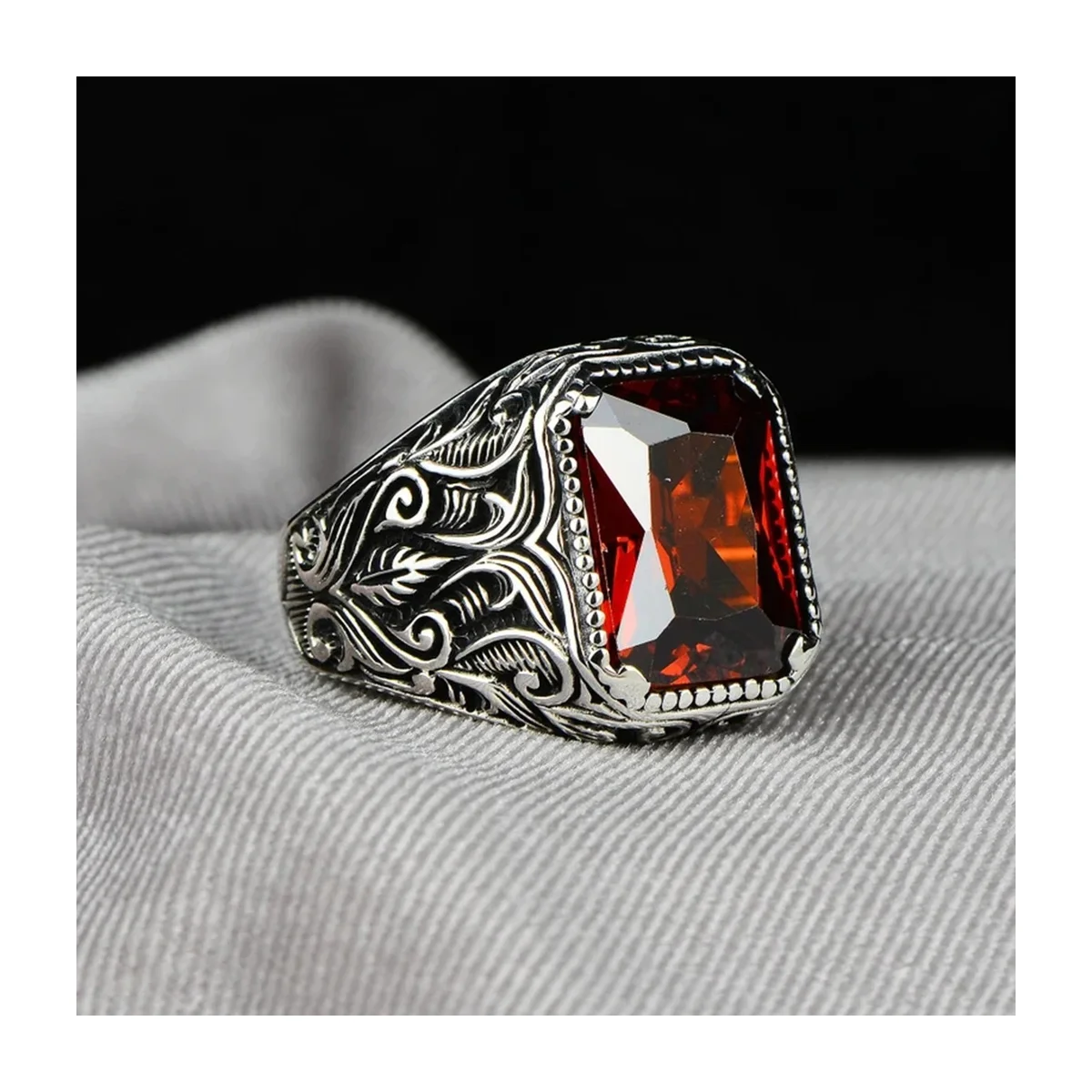 Retro Turkish Carved Red Zircon Signet Ring