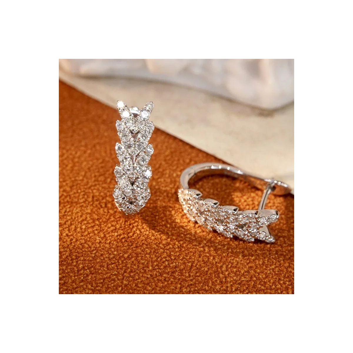 V-Shaped Leaf Pattern Cubic Zirconia Hoop Earrings