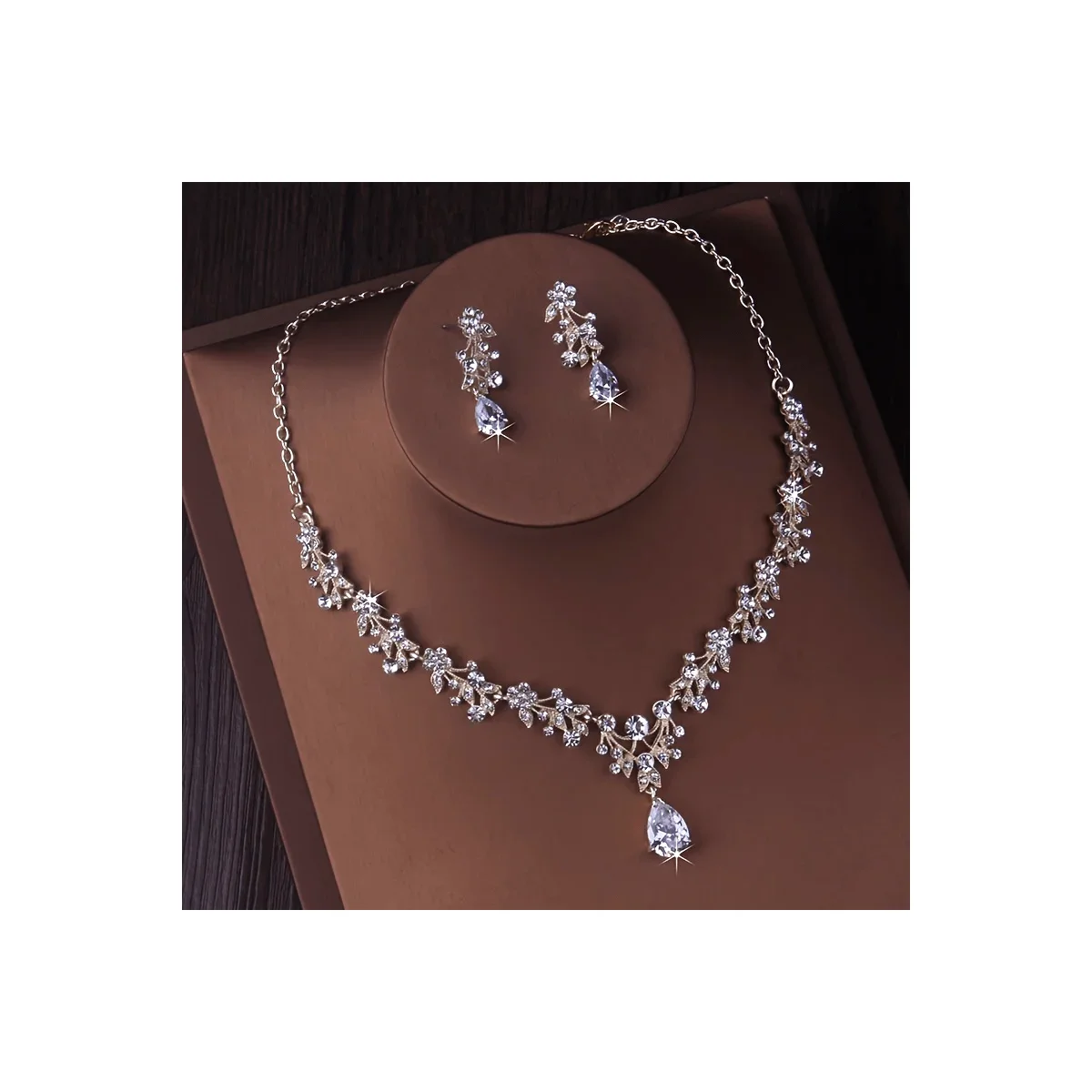 Silver-Tone Floral Crystal Teardrop Bridal Jewelry Set