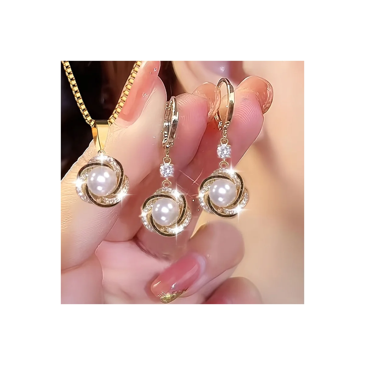 White Pearl Swirl Crystal Pendant & Drop Earrings Jewelry Set