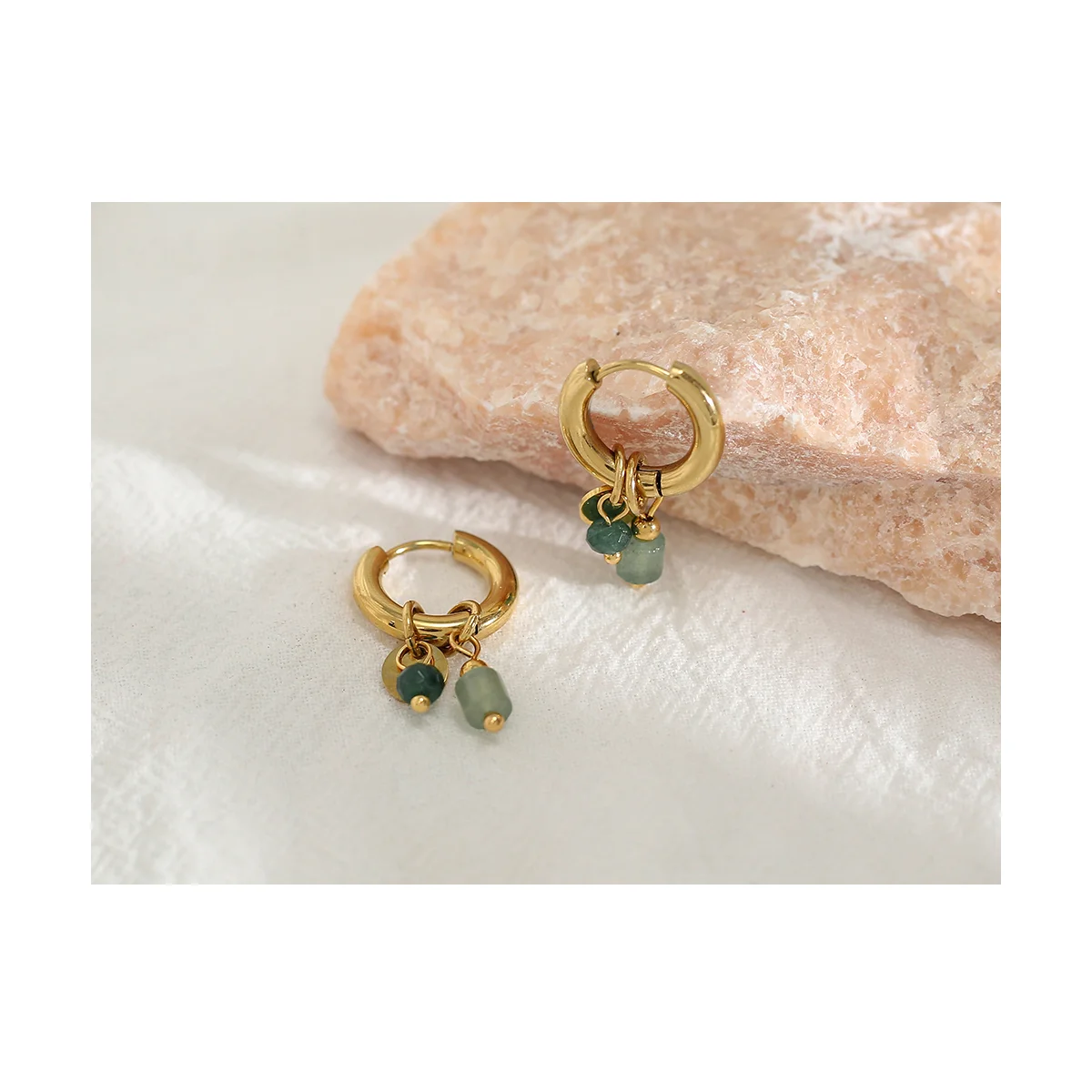 Gold Stainless Steel Green Stone Charm Hoop Earrings