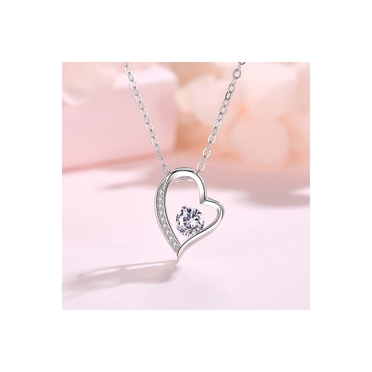 Open Heart Floating Crystal Silver-Tone Pendant Necklace