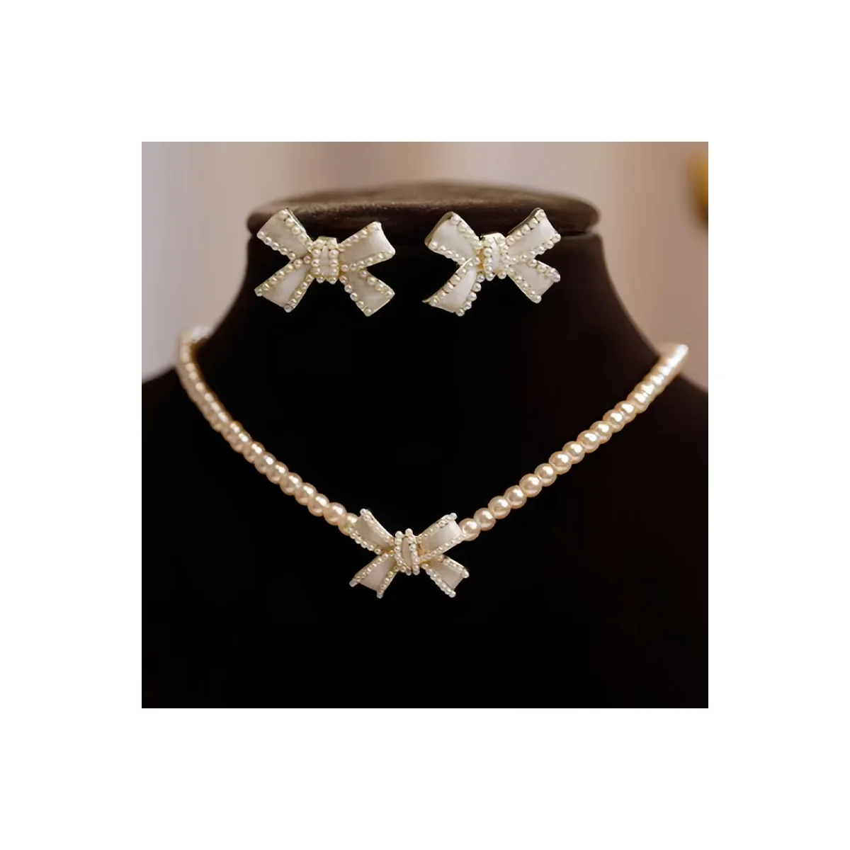 Minimalist Cute Bowknot & Imitation Pearl Necklace and Earring Set