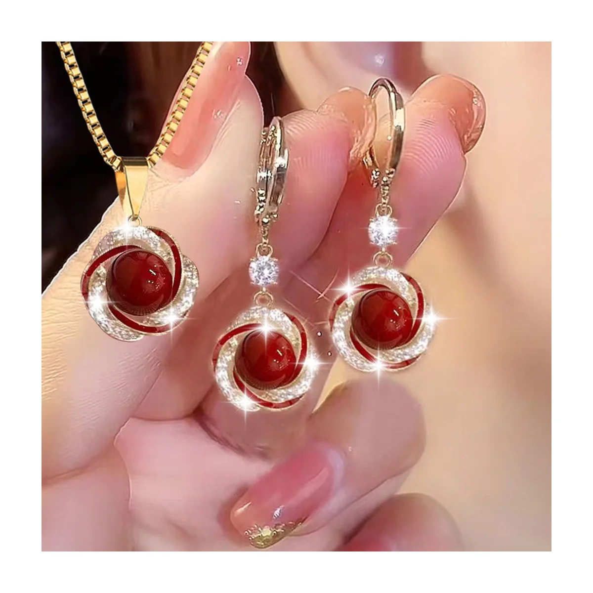 3-Piece Swirl Zircon Bead Pendant Necklace & Drop Earrings Set