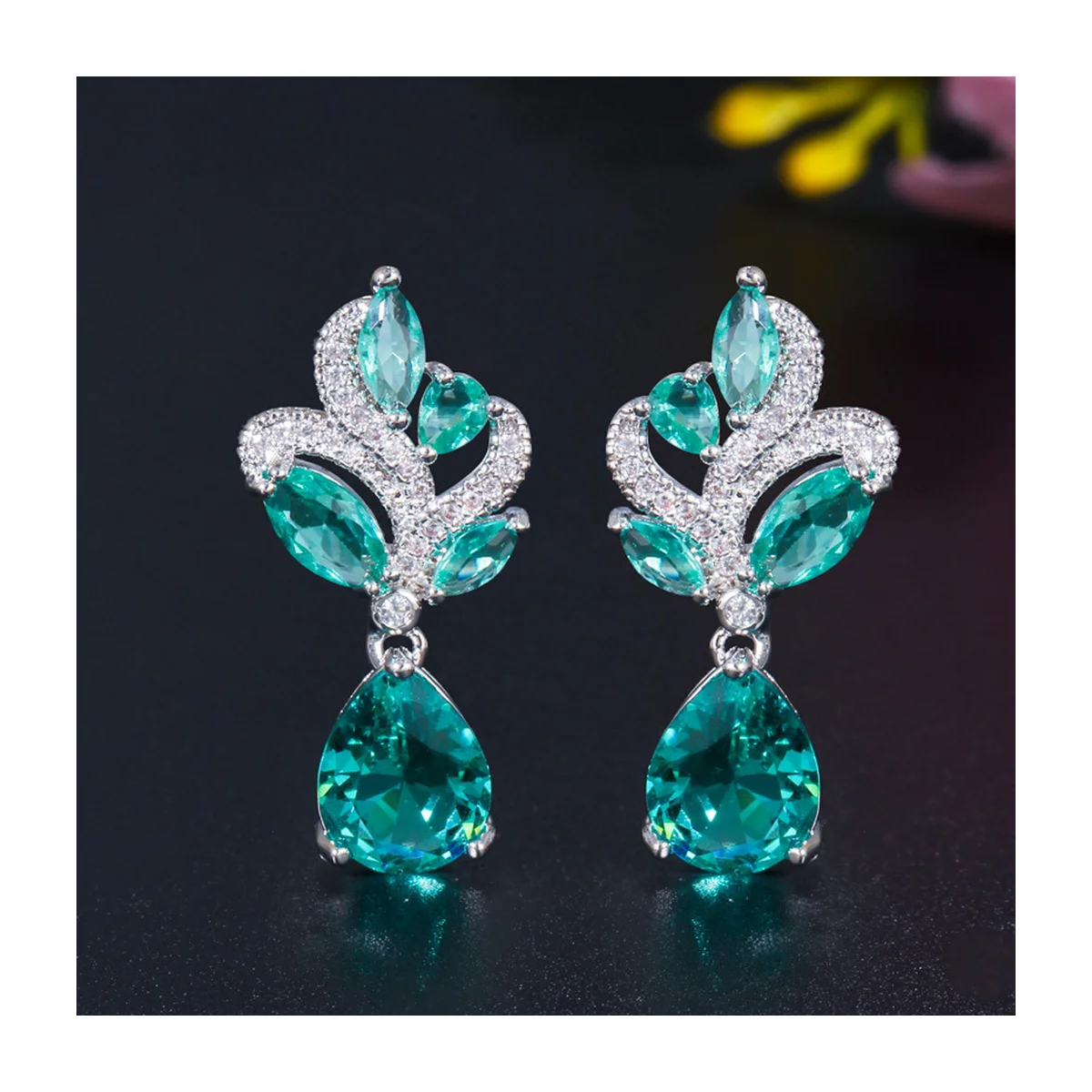 Women's Green CZ Teardrop Leaf Dangle Earrings