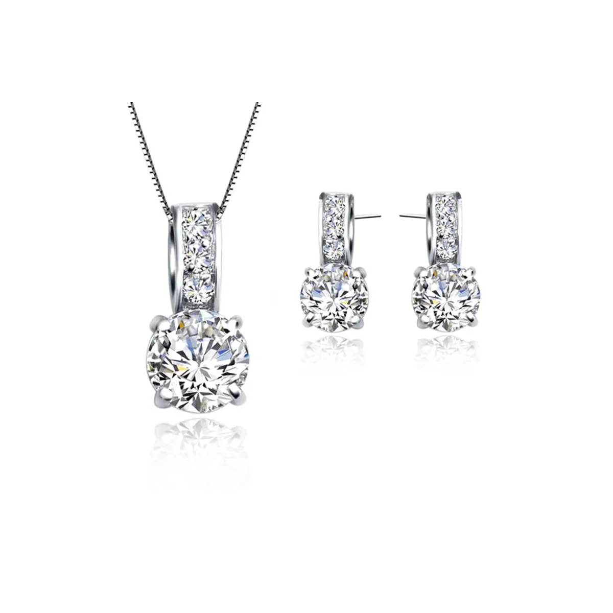 Round Crystal Solitaire Pendant Necklace & Drop Earrings Set