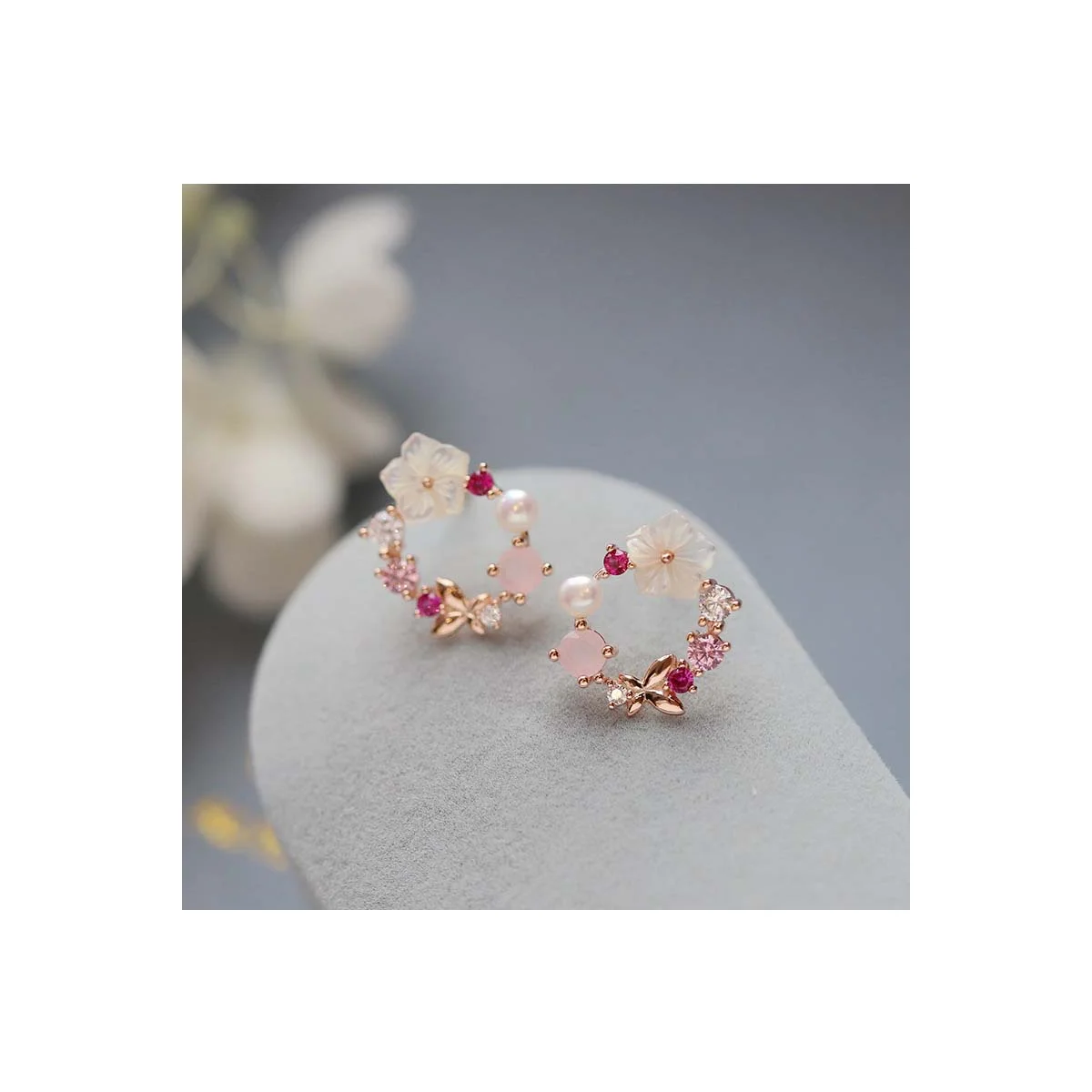 Pink Crystal Flower & Butterfly Wreath Stud Earrings