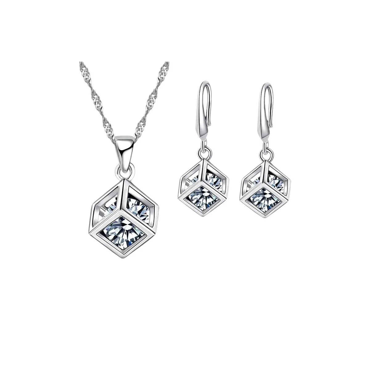 Stunning Silver-Tone Cubic Pendant Necklace & Earring Set