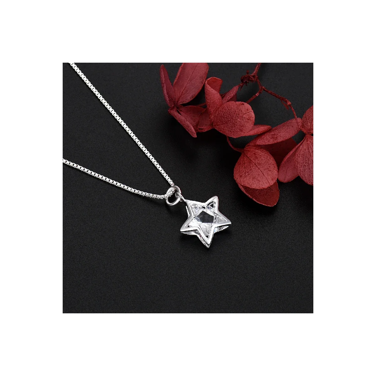 Shining Crystal Star Pendant 50cm Silver-Tone Necklace