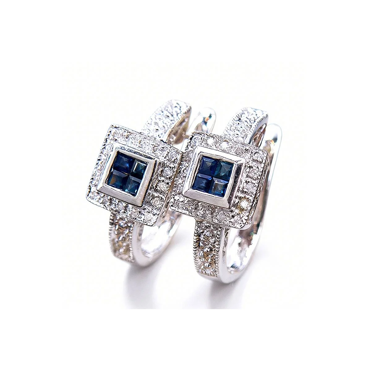 Geometric Blue Square Crystal Halo Huggie Silver-Tone Earrings
