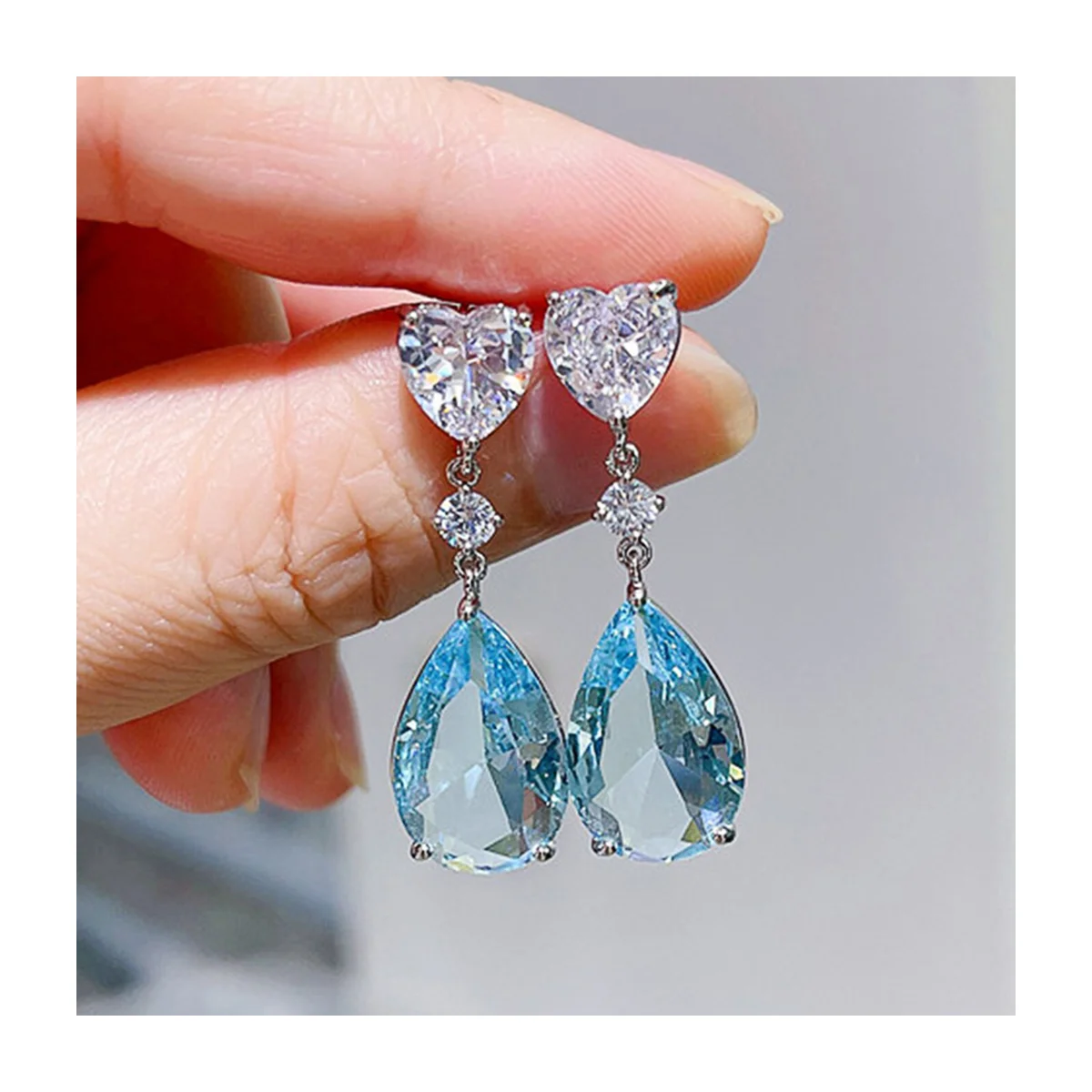 Women's Heart & Light Blue Teardrop CZ Dangle Earrings