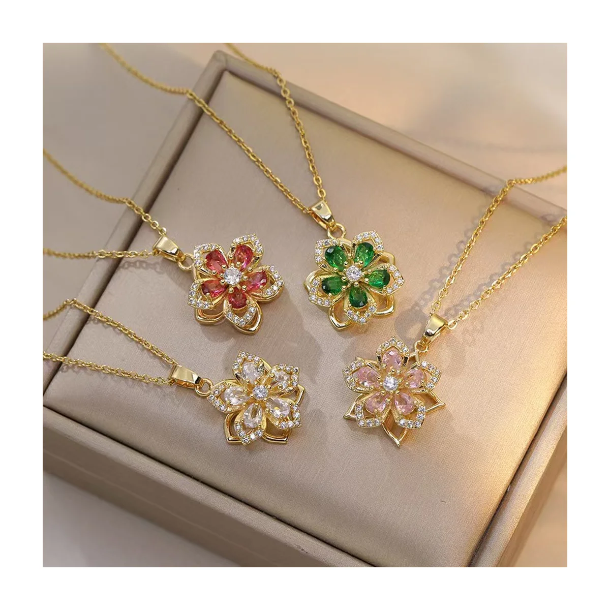 Shiny Zircon Rotatable Flower Pendant Necklace
