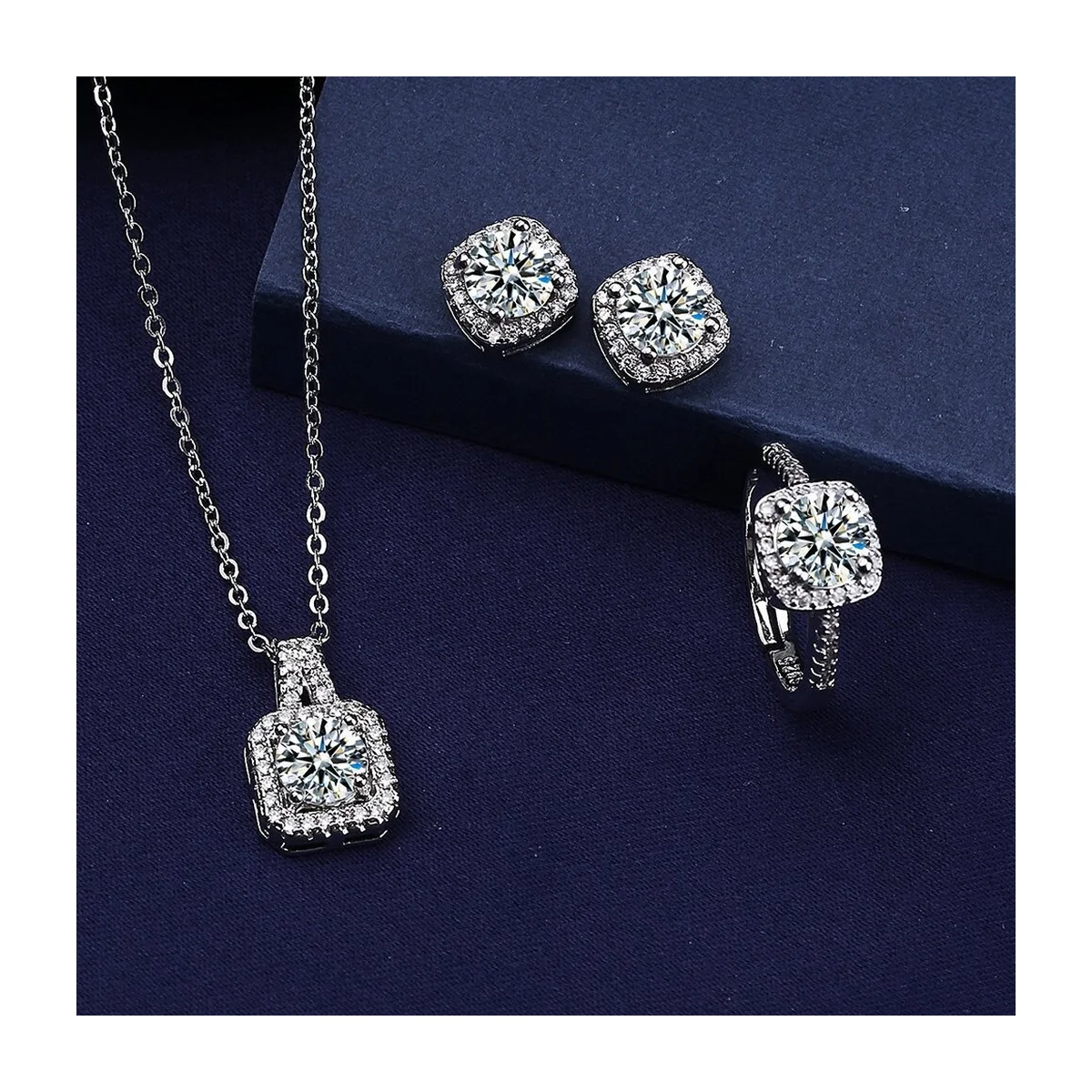 Square Cushion Cut Zircon Halo Necklace, Ring & Earrings Set