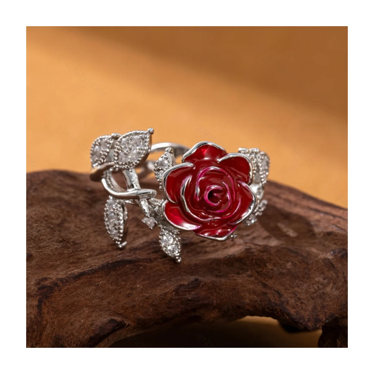 Sparkling Red Rose Flower Zircon Vine Ring