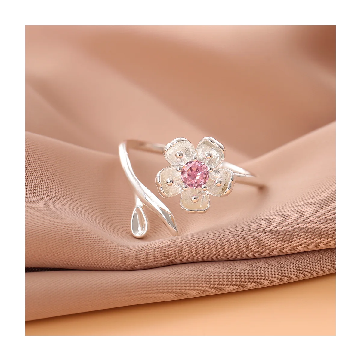 Pink Crystal Cherry Blossom Open Wrap Silver-Tone Ring
