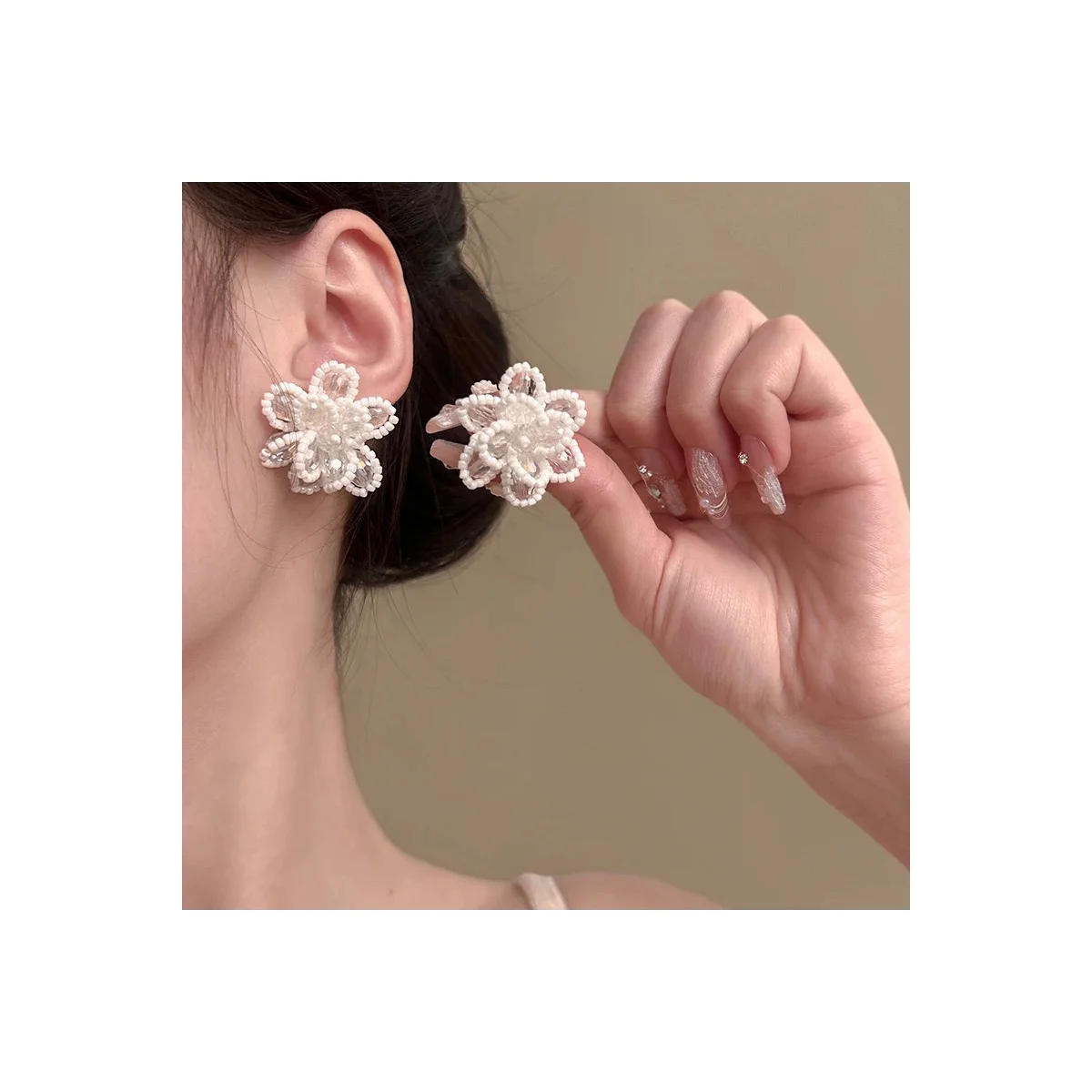 White Beaded Flower Crystal Accent Stud Earrings